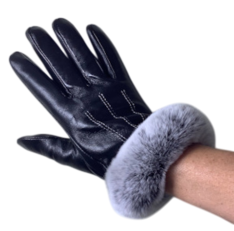 Black Leather Gloves with Fur Trim