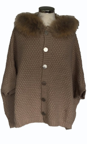 Fur Trimmed Cardigan with Detachable Fur Collar
