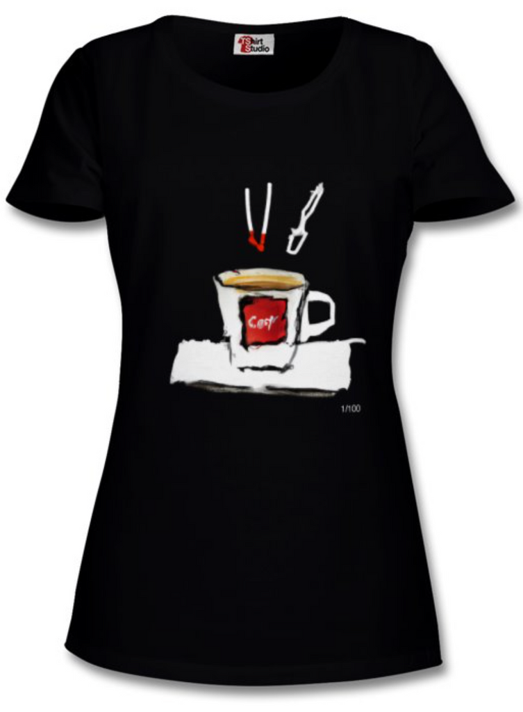 Limited Edition T Shirt. Enjoy The Coffee in the style of Jean-Michel Basquiat